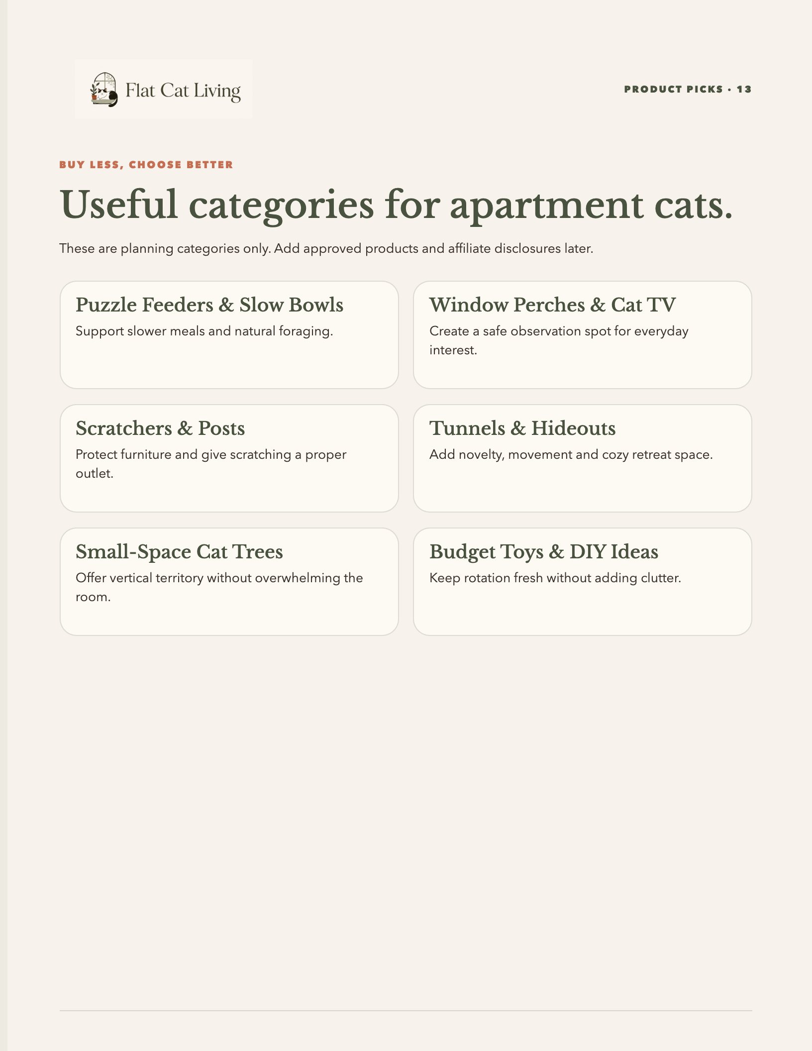 Product picks preview page from the Flat Cat Living starter kit